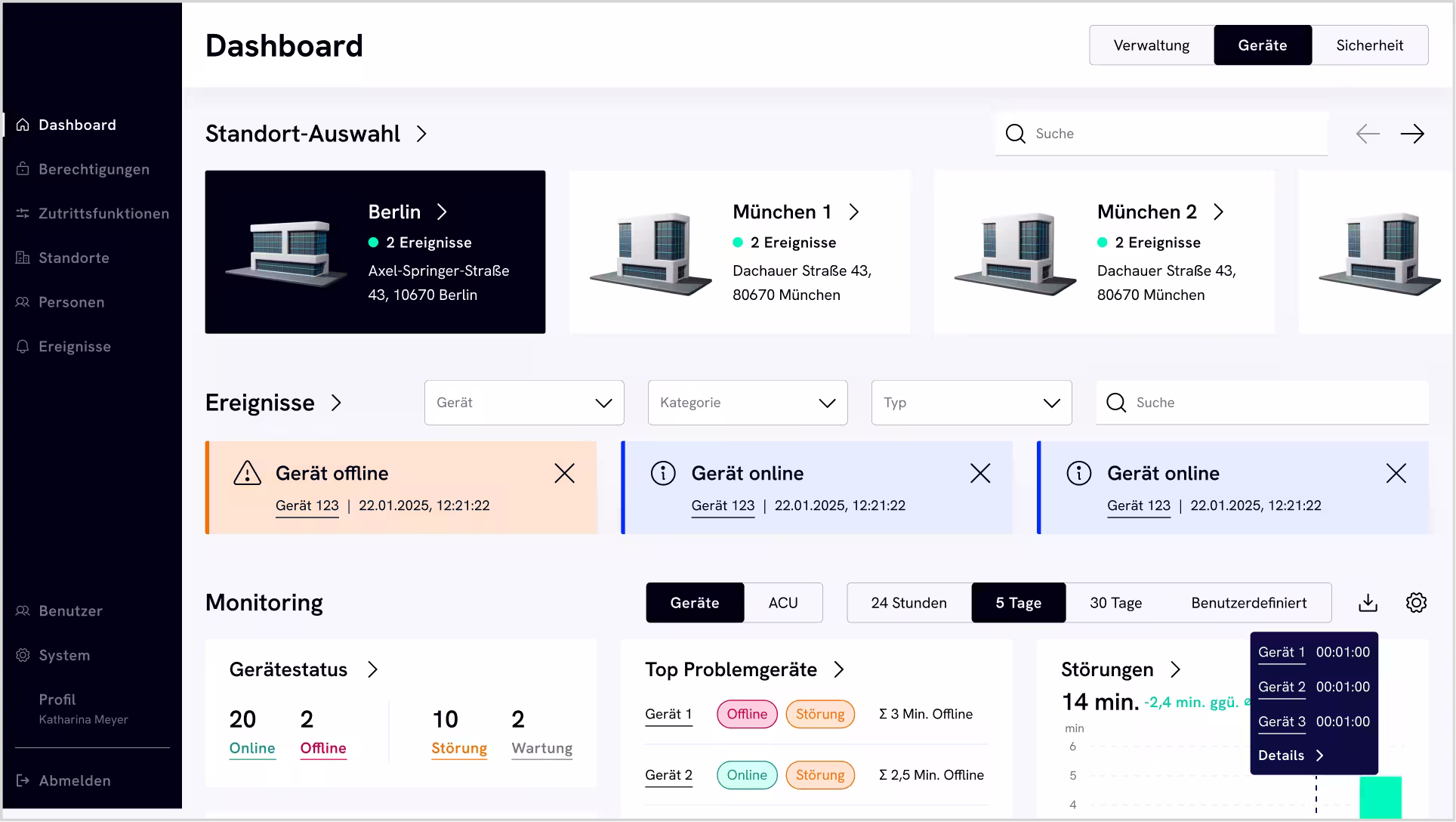 Screenshot der Standortauswahl in der Quantus Software