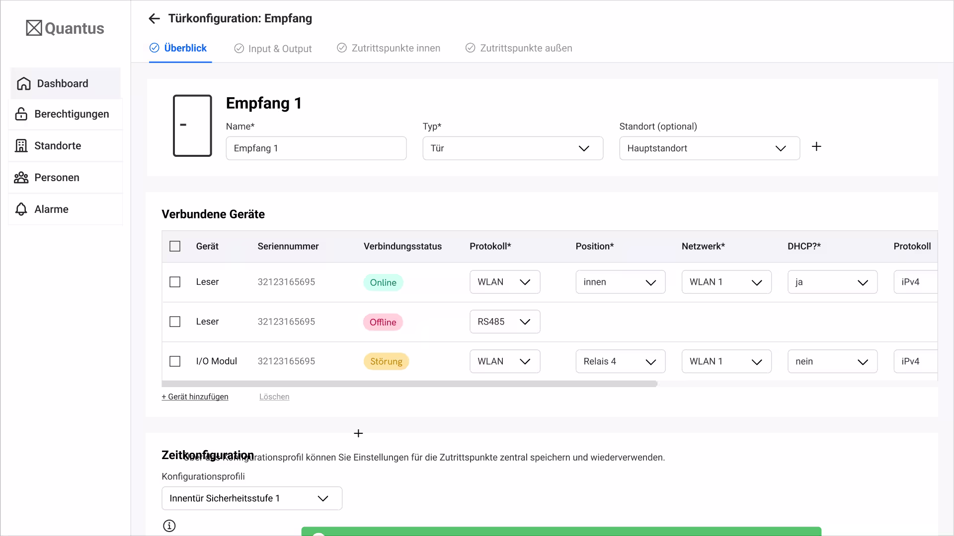 Screenshot der Türkonfiguration in der Quantus Software